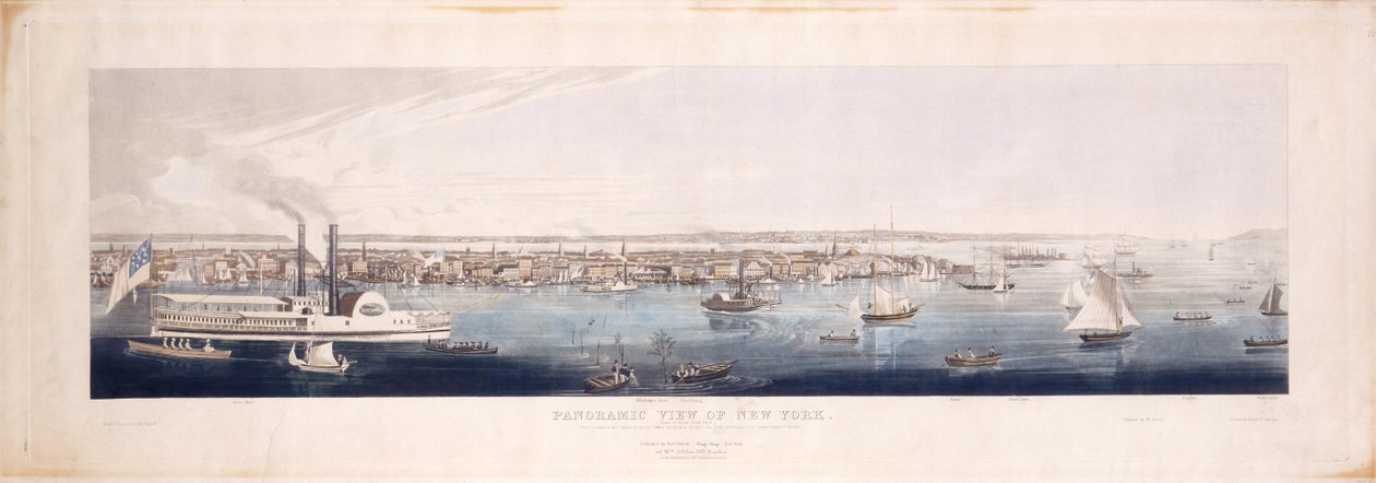 Panoramiczny widok Nowego Jorku, wzięty z rzeki [Hudson], 1844 (akwaforta i akwatinta ręcznie kolorowana, piąty stan) autorstwa Robert the Younger Havell