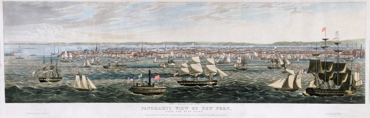 Panoramiczny widok na Nowy Jork, od strony East River, wyd. 1844 (kolor lito) autorstwa Robert the Younger Havell