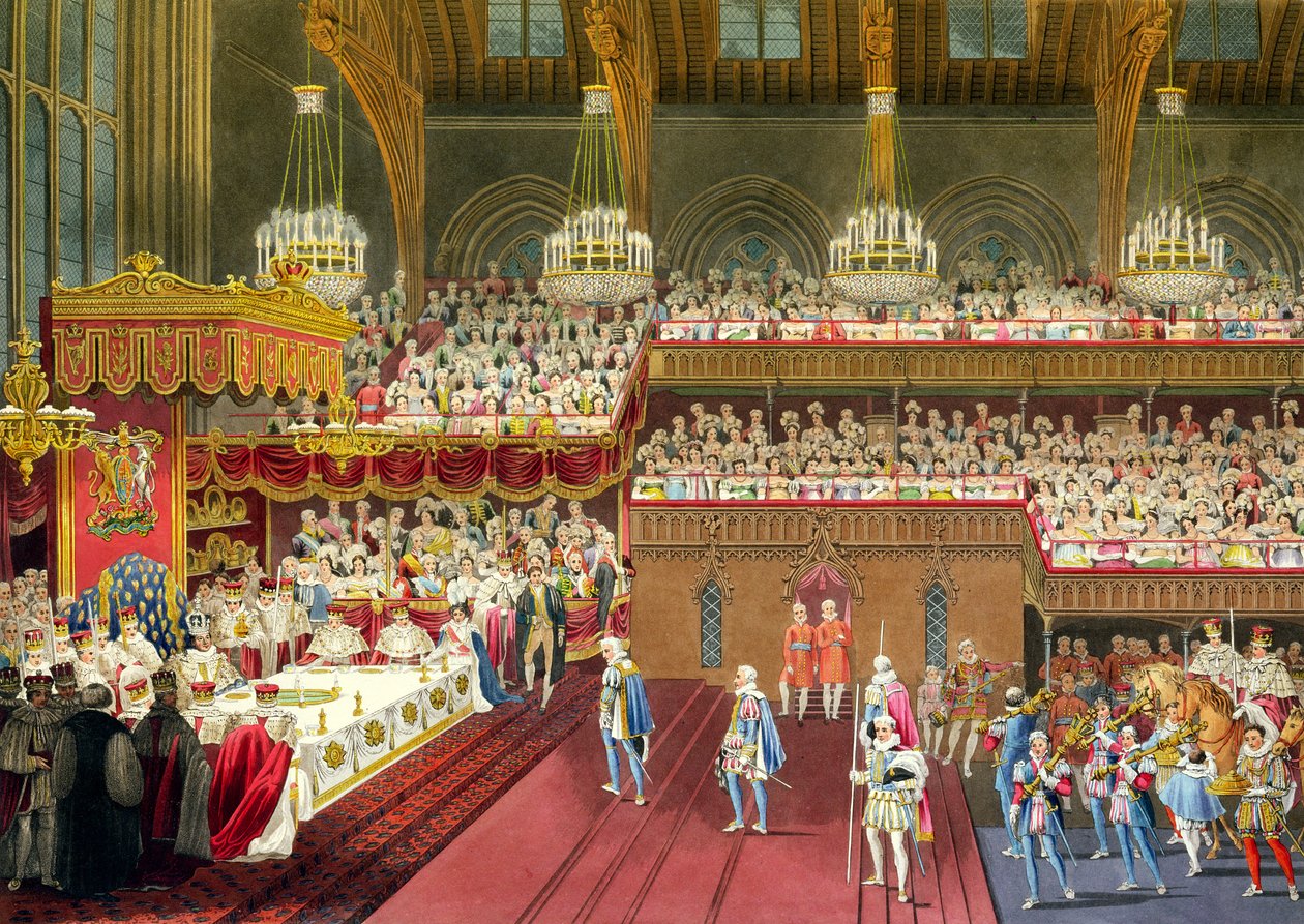 Bankiet Królewski, Sprowadzenie Pierwszego Kursu, 19 lipca 1821 (akwatinta) autorstwa Robert the Younger Havell