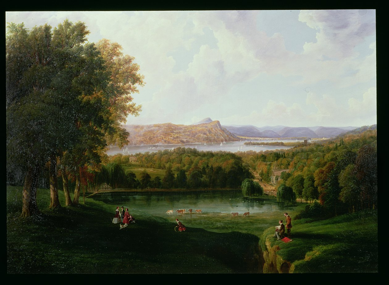 Widok z Tarrytown na stary holenderski kościół nad rzeką Hudson i Beckham Manor, 1866 autorstwa Robert the Younger Havell