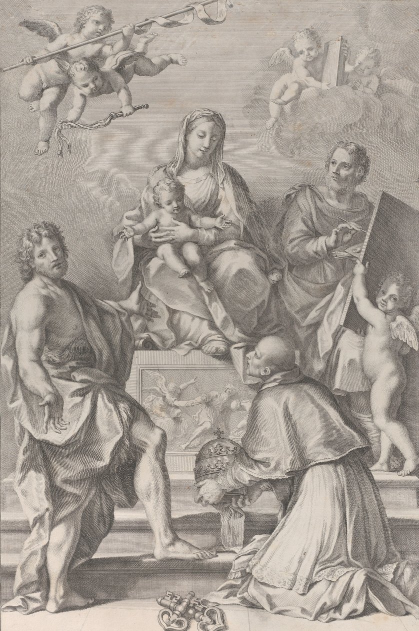 Madonna z Dzieciątkiem w centrum ze św. Janem Chrzcicielem, św. Łukaszem, papieżem Piotrem Celestini,..., 1694. autorstwa Robert van Audenaerde