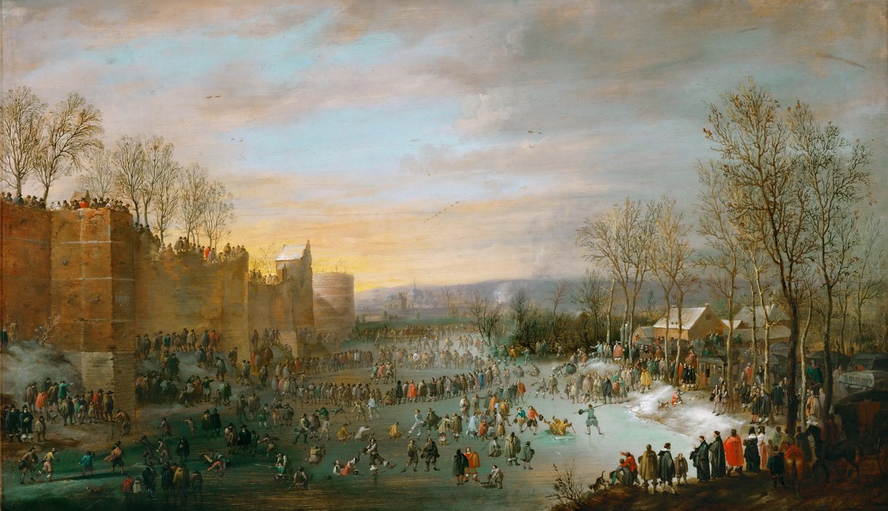 Patinage sur les douves Gelees de Bruxelles - Łyżwiarstwo w brukselskiej fosie, autorstwa Hoecke, Roberta van den (1622-1668). olej na drewnie autorstwa Robert van den Hoecke