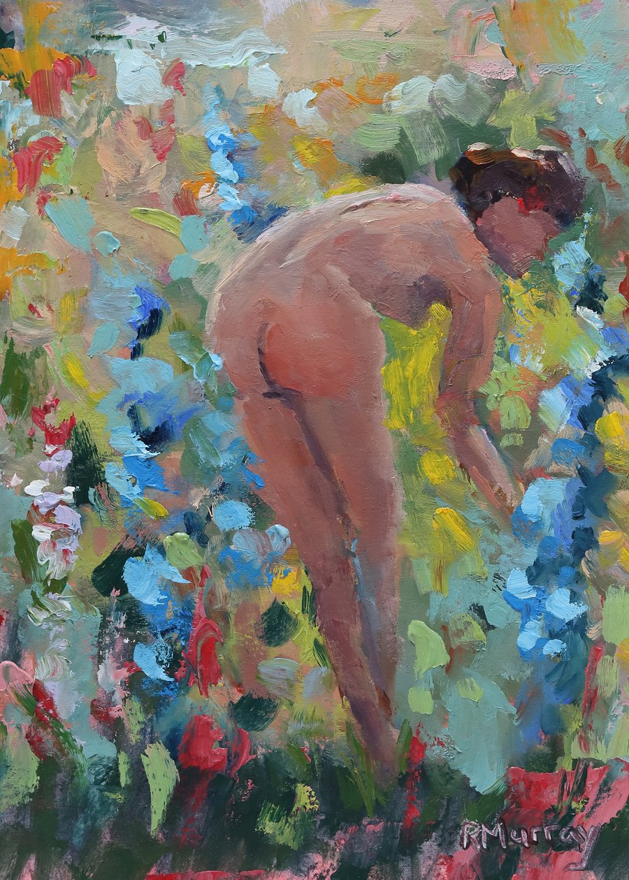 She Loved Her Delphiniums, 2023 (olej na papierze) autorstwa Roberta Murray