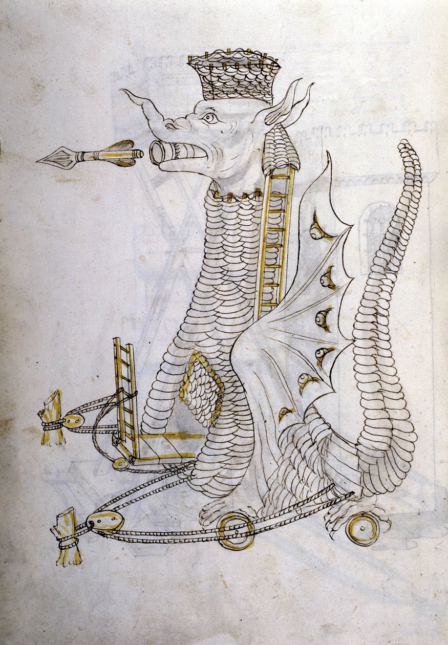 Sztuka wojny: nauka maszyn wojskowych. „Arabica machina”, arabska maszyna do oblegania miasta, ilustracja z „De re Militari” inżyniera Roberto Valturio (1413-1483?) autorstwa Roberto Valturio
