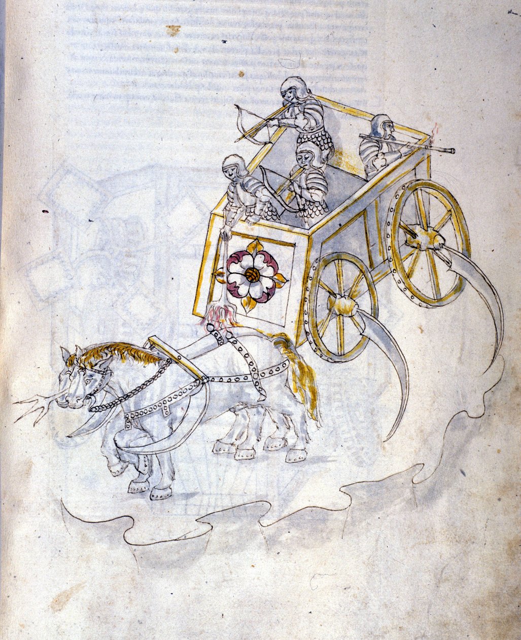 Sztuka wojny: nauka maszyn wojskowych. Czołg wyposażony w kosy, ilustracja z „De re Militari” inżyniera Roberto Valturio (1405-1483?) autorstwa Roberto Valturio