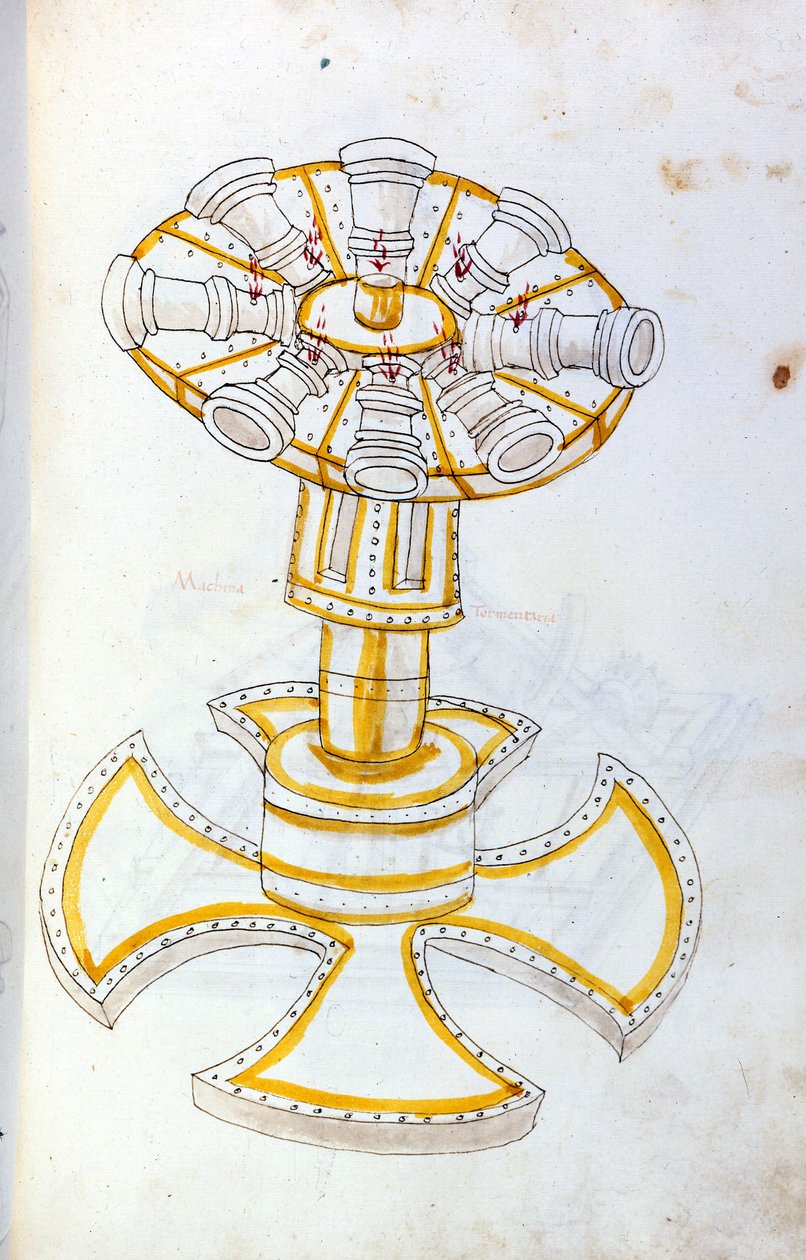 Sztuka wojny: nauka maszyn wojskowych. obrotowe działo, ilustracja z „De re Militari” inżyniera Roberto Valturio (1405-1483?) autorstwa Roberto Valturio