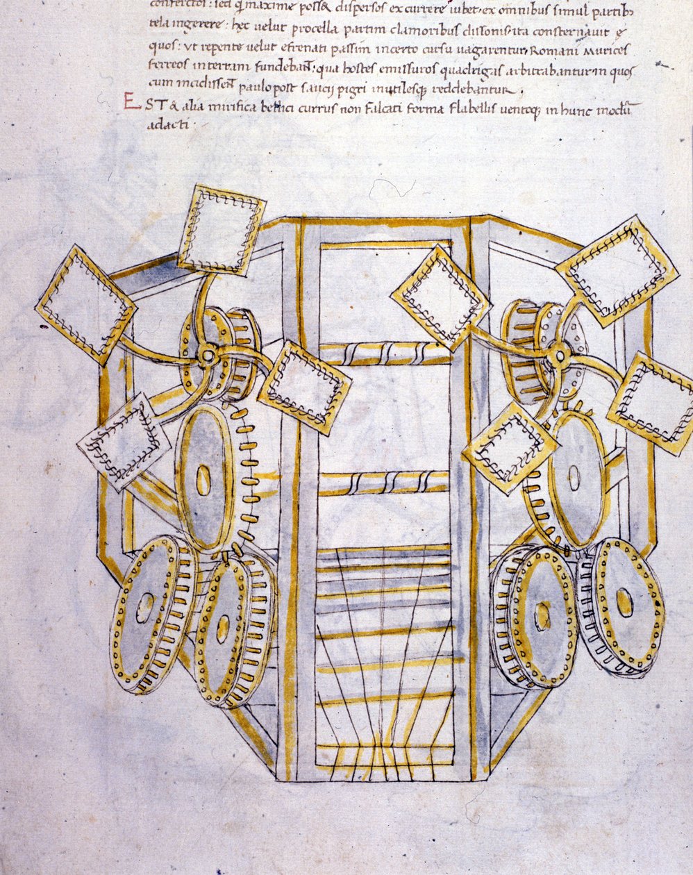 Sztuka wojny: studium maszyn wojskowych, ilustracja z „De re Militari” inżyniera Roberto Valturio (1405-1483?) autorstwa Roberto Valturio