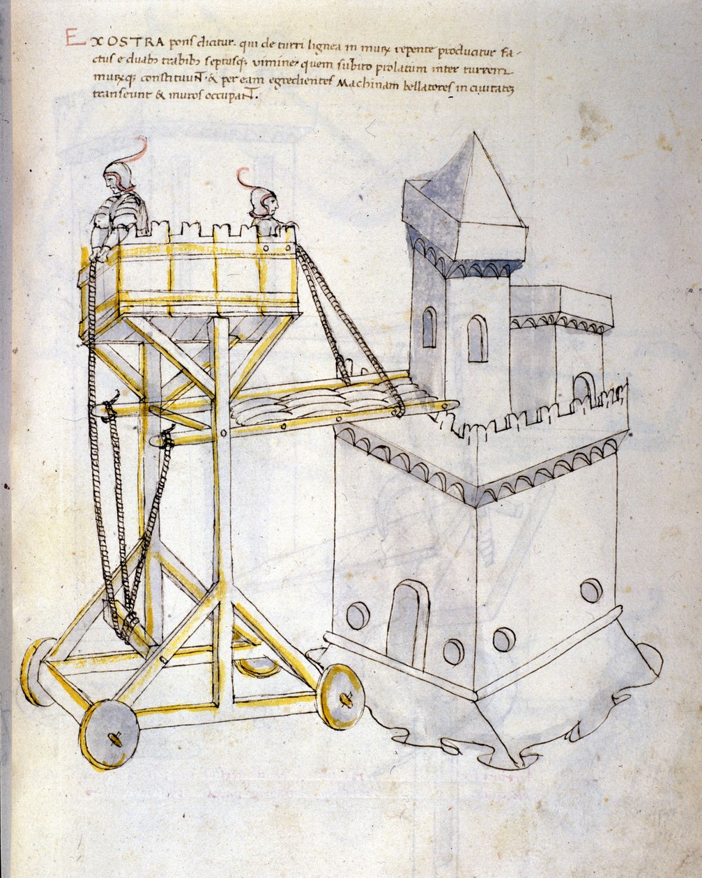 Sztuka wojny: nauka maszyn wojskowych. wieża szturmowa służąca do oblężniczych wież, ilustracja z „De re Militari” inżyniera Roberto Valturio (1405-1483?) autorstwa Roberto Valturio