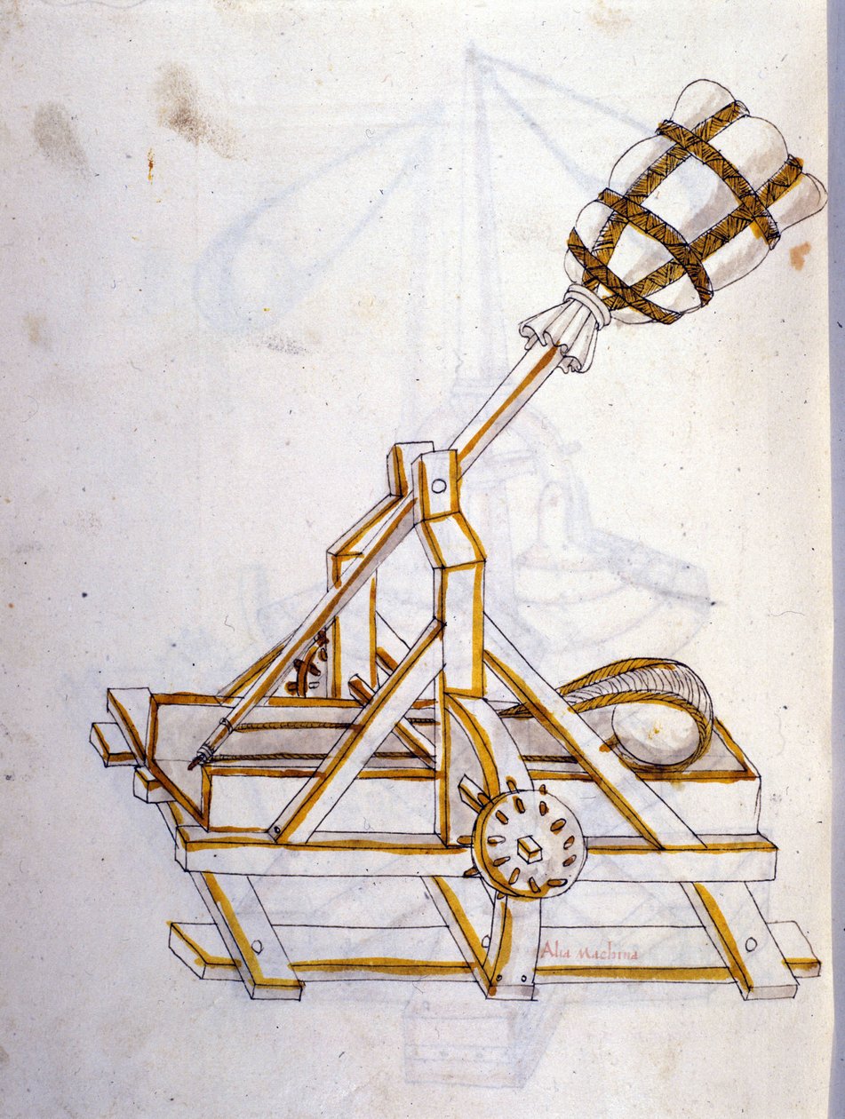 Sztuka wojny: nauka maszyn wojskowych. katapulta, ilustracja z „De re Militari” inżyniera Roberto Valturio (1405-1483?) autorstwa Roberto Valturio
