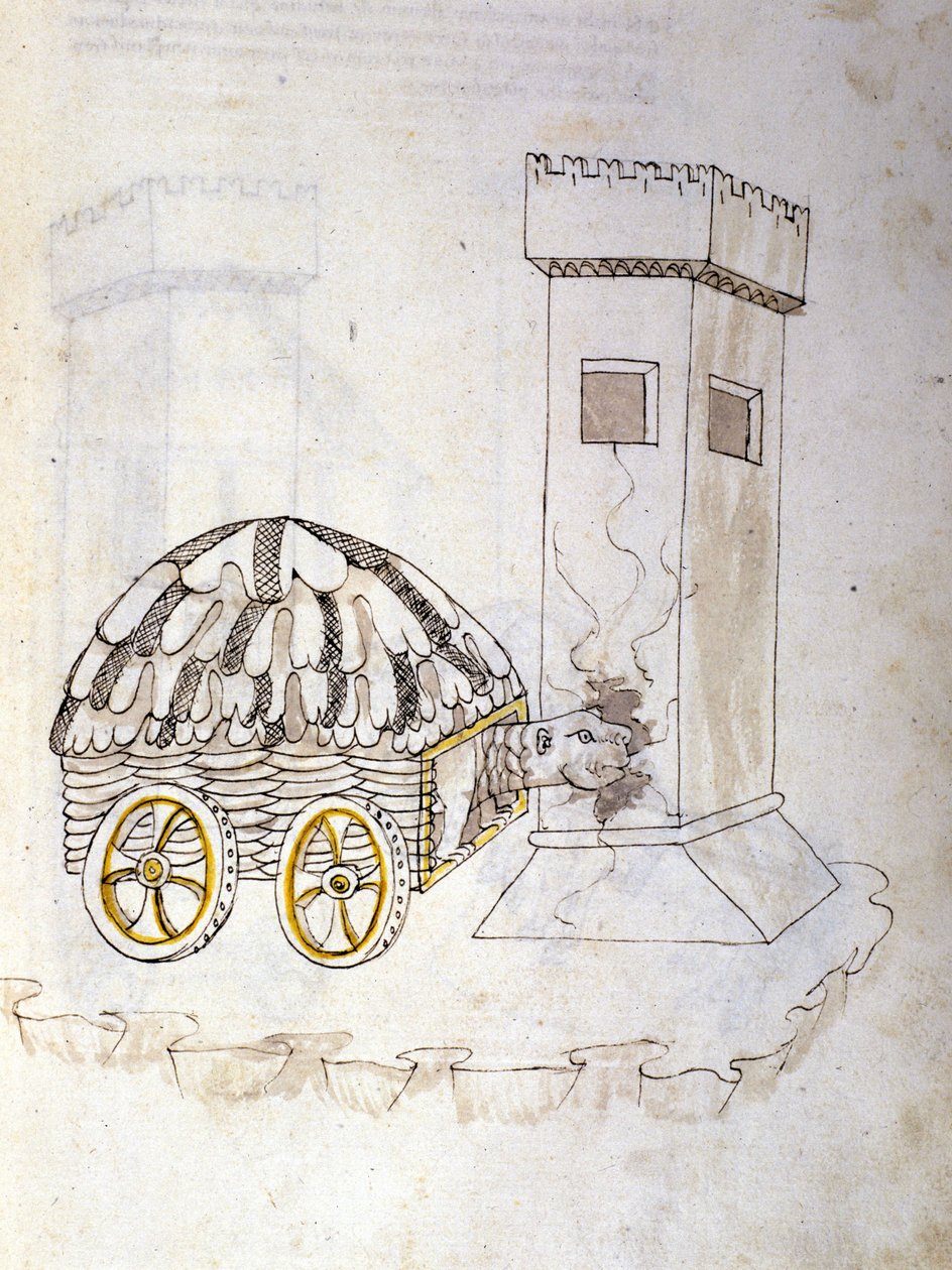 Sztuka wojny: nauka maszyn wojskowych. uzbrojona w karapaks maszyna szturmująca wieżę, ilustracja z „De re Militari” inżyniera Roberto Valturio (1405-1483?) autorstwa Roberto Valturio