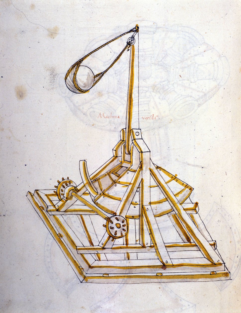 Sztuka wojny: nauka maszyn wojskowych. obrotowa proca, ilustracja z „De re Militari” inżyniera Roberto Valturio (1405-1483?) autorstwa Roberto Valturio