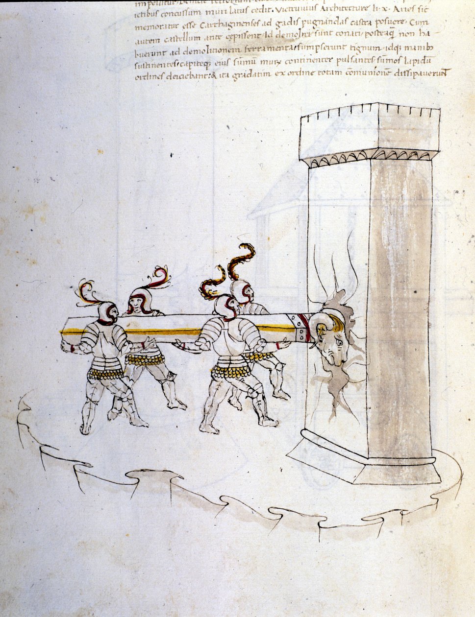 Sztuka wojny: nauka maszyn wojskowych. użycie tarana do oblężenia wieży, ilustracja z „De re Militari” inżyniera Roberto Valturio (1405-1483?) autorstwa Roberto Valturio