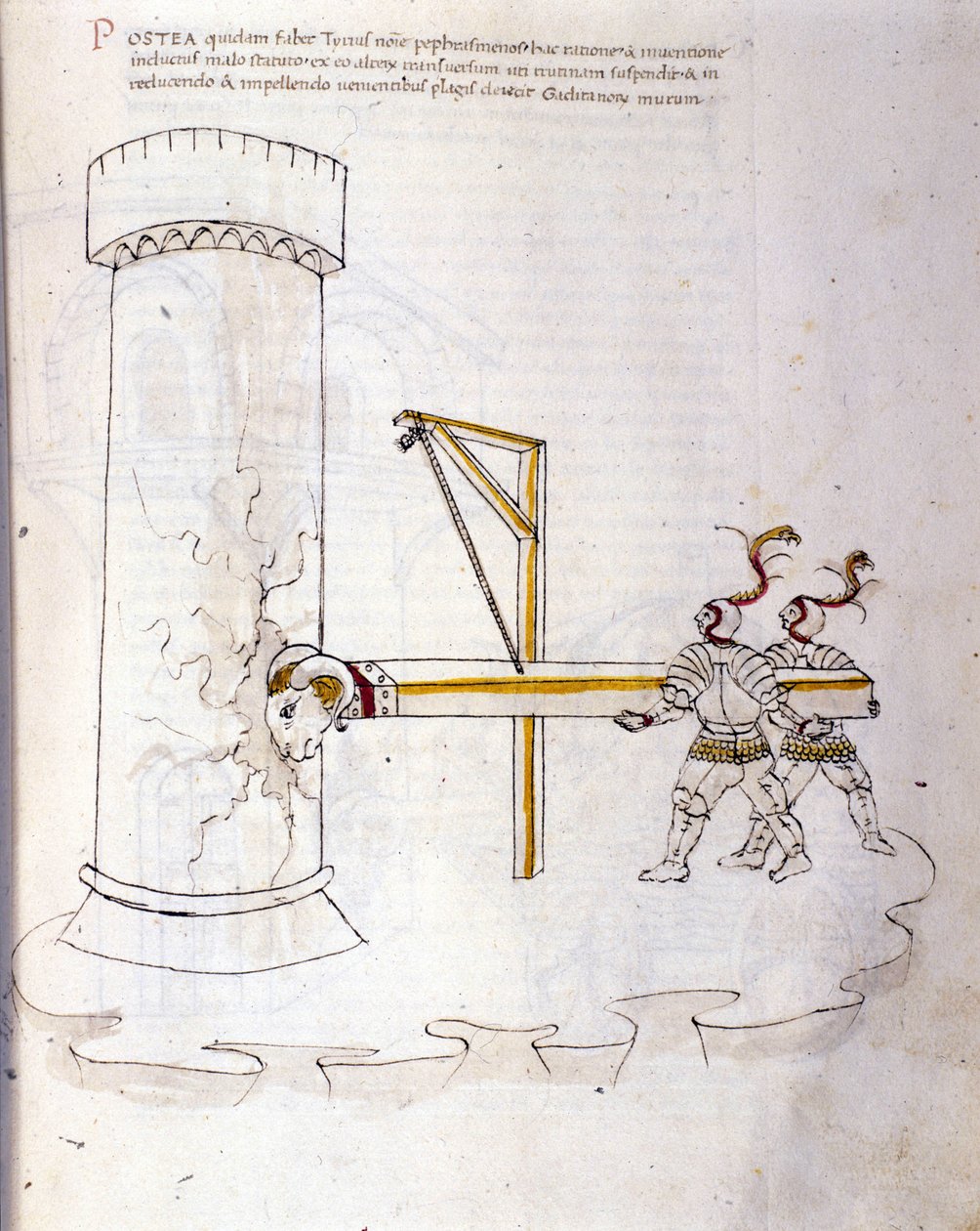 Sztuka wojny: nauka maszyn wojskowych. użycie tarana do oblężenia wieży, ilustracja z „De re Militari” inżyniera Roberto Valturio (1405-1483?) autorstwa Roberto Valturio