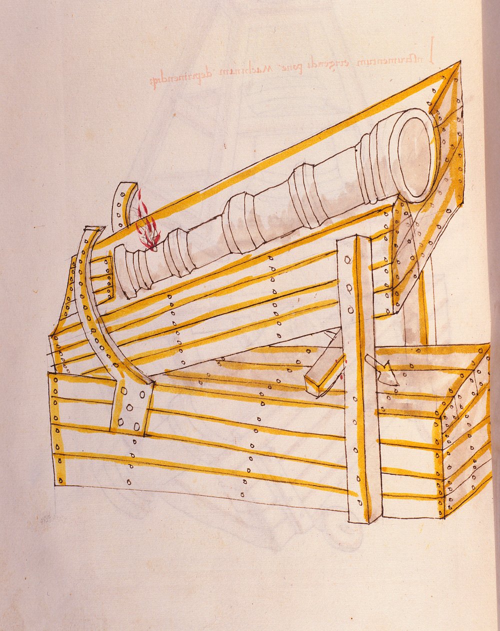 Sztuka wojny: nauka o maszynach wojskowych. Canon pozuje na swoim zegarku z systemem do jego podnoszenia, ilustracja z „De re Militari” inżyniera Roberto Valturio (1405-1483?) autorstwa Roberto Valturio