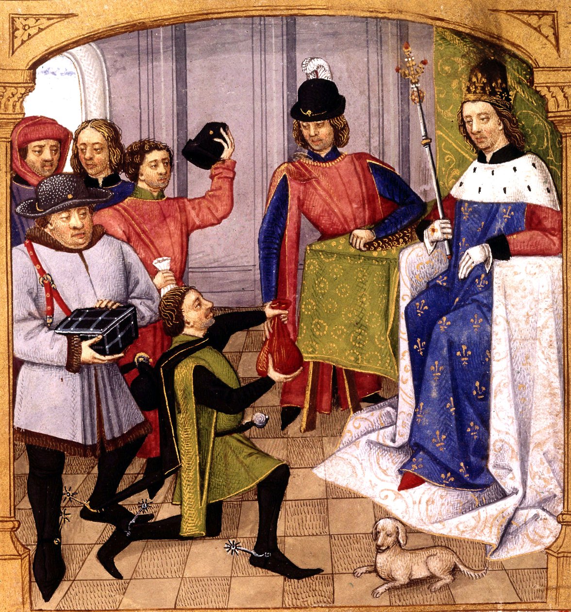 Francuski krewny Filip V (1293-1322) otrzymujący podatek, iluminacja Robineta Testarda z „Grandes Chroniques de France” 1471 autorstwa Robinet Testard