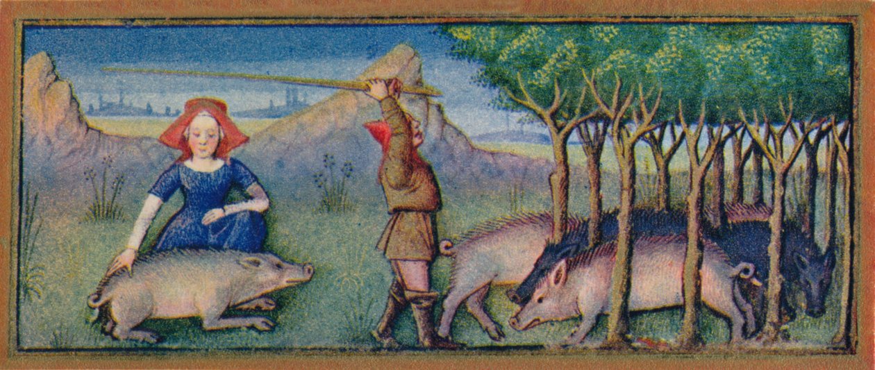 Październik - karmienie świń na żołędzie, XV w., 1939 r. autorstwa Robinet Testard