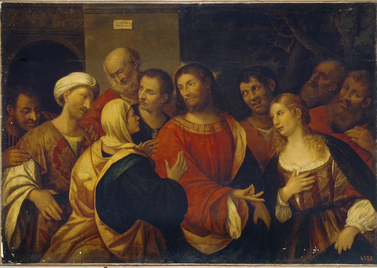 Chrystus w Domu Marty i Marii. (Chrystus w domu Marty i Marii). Siostry Marthe i Marie de Bethanie witają Jezusa i jego uczniów. Obraz Rocco Marconiego (ok. 1490-1529), olej na płótnie. Sztuka włoska (Wenecja) autorstwa Rocco Marconi