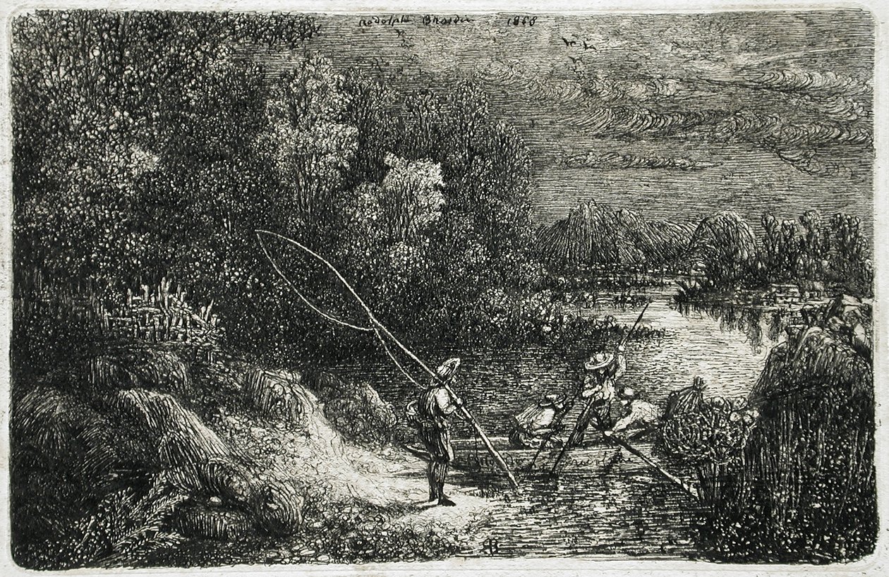 Rybak w fantastycznym krajobrazie autorstwa Rodolphe Bresdin