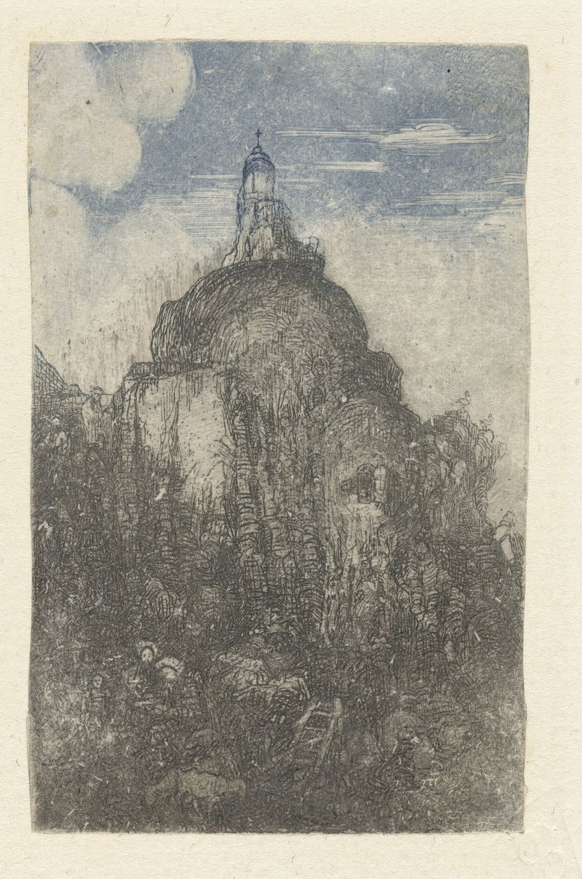 Budynek na skale i odpoczywający pasterze z owcami u podnóża skały Le Phare Chapelle alpestre autorstwa Rodolphe Bresdin