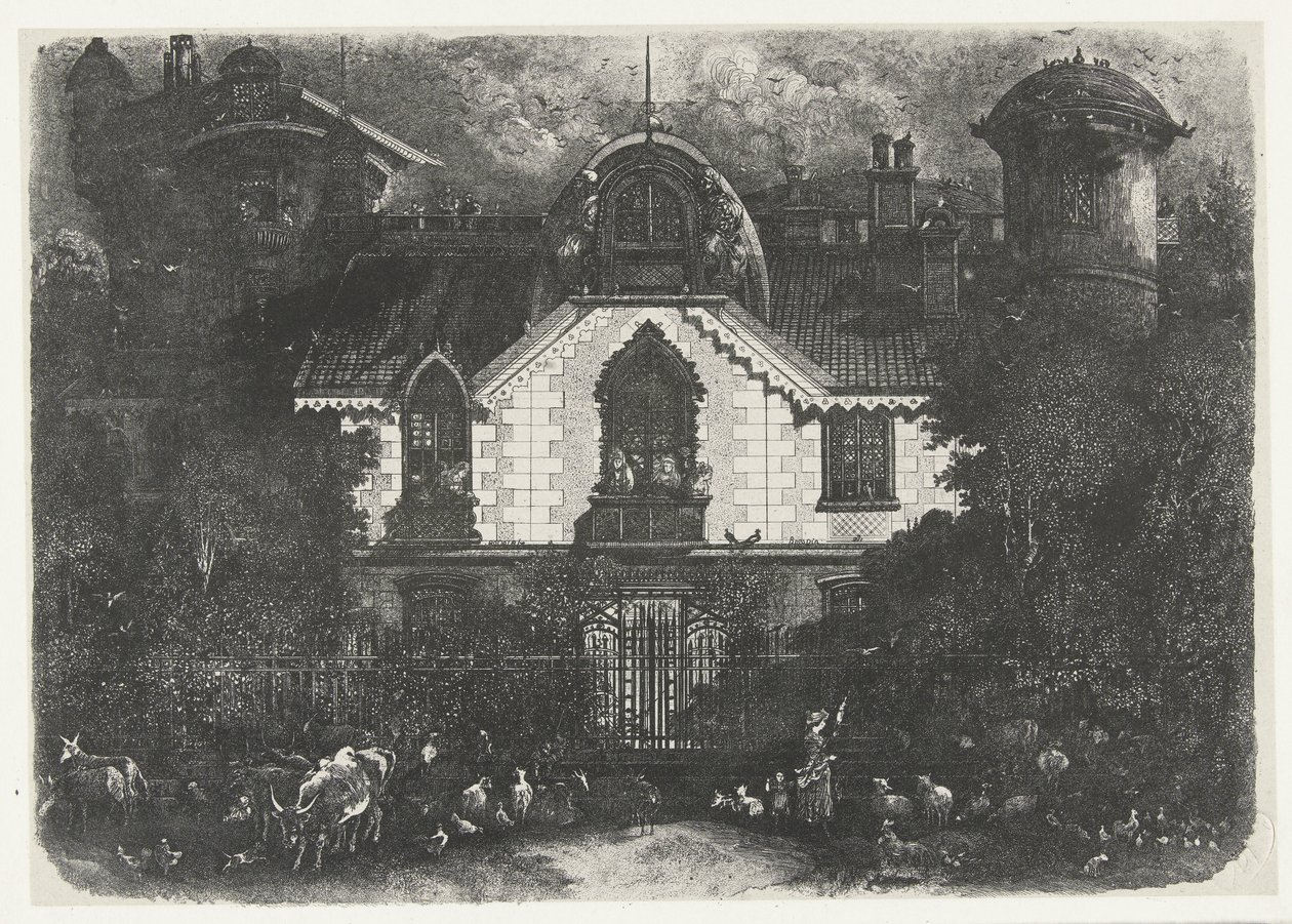 Dom z wieżą za ogrodzeniem i pasterzem z bydłem La maison enchantee autorstwa Rodolphe Bresdin