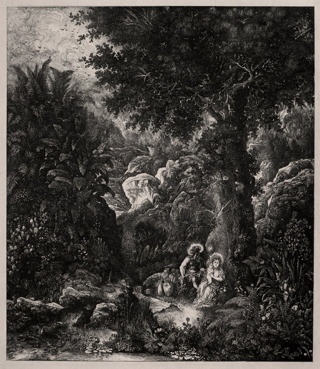 Odpocznij w ucieczce do Egiptu z osiodłanym osłem, 1871. autorstwa Rodolphe Bresdin