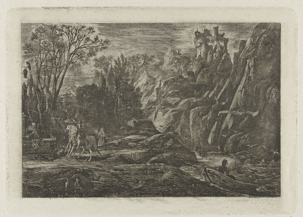 Ruiter en dood in het landschap Rycerz i Śmierć Stara legenda autorstwa Rodolphe Bresdin