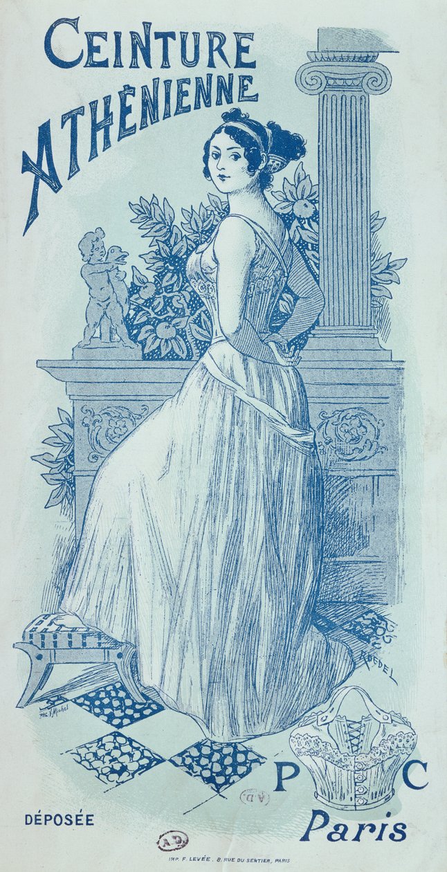 Reklama "Ceinture Athenienne", wczesny model stanika, ok. 1895 r. autorstwa Roedel