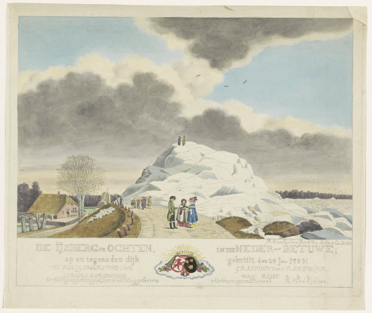 Lody w Ochten, 1789 Góra lodowa w Ochten w Dolnym Betuwe; na i przeciw wałowi sproszkowanym 24 stycznia. 1789 (tytuł na obiekcie) autorstwa Roeland van Eynden