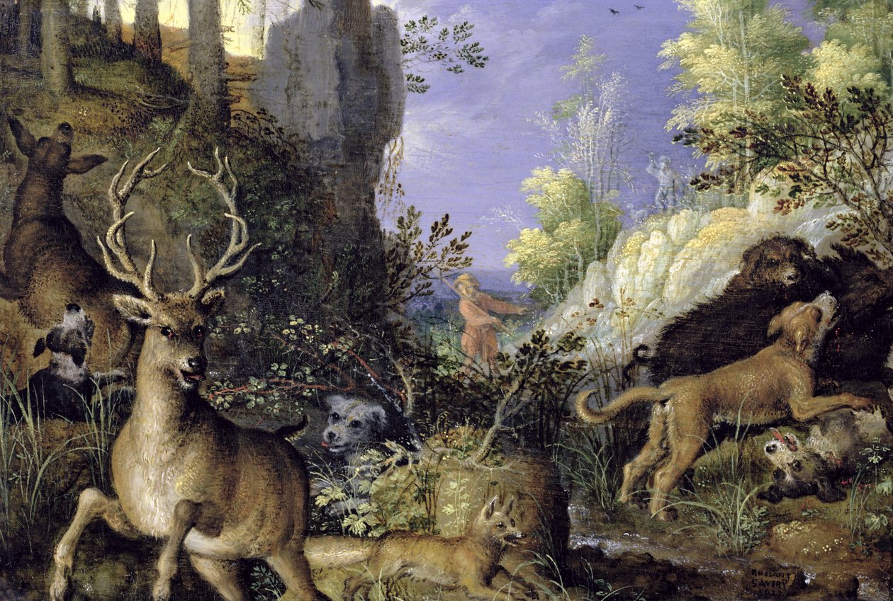 Leśna scena z myśliwymi i zwierzętami autorstwa Roelandt Jacobsz. Savery