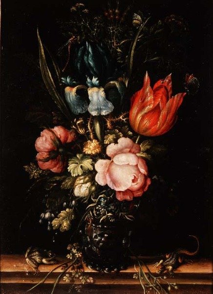 Martwa natura róż, tulipanów i innych kwiatów autorstwa Roelandt Jacobsz. Savery