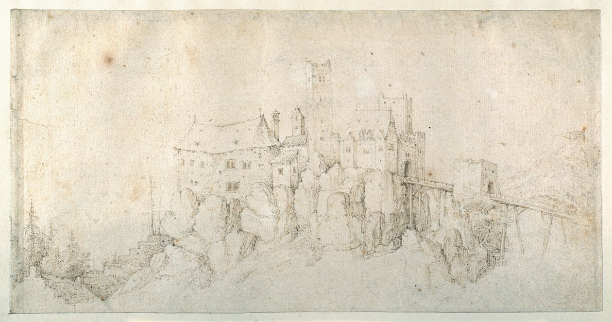 Zamek na skale (pióro i brązowy tusz na papierze) autorstwa Roelandt Jacobsz. Savery