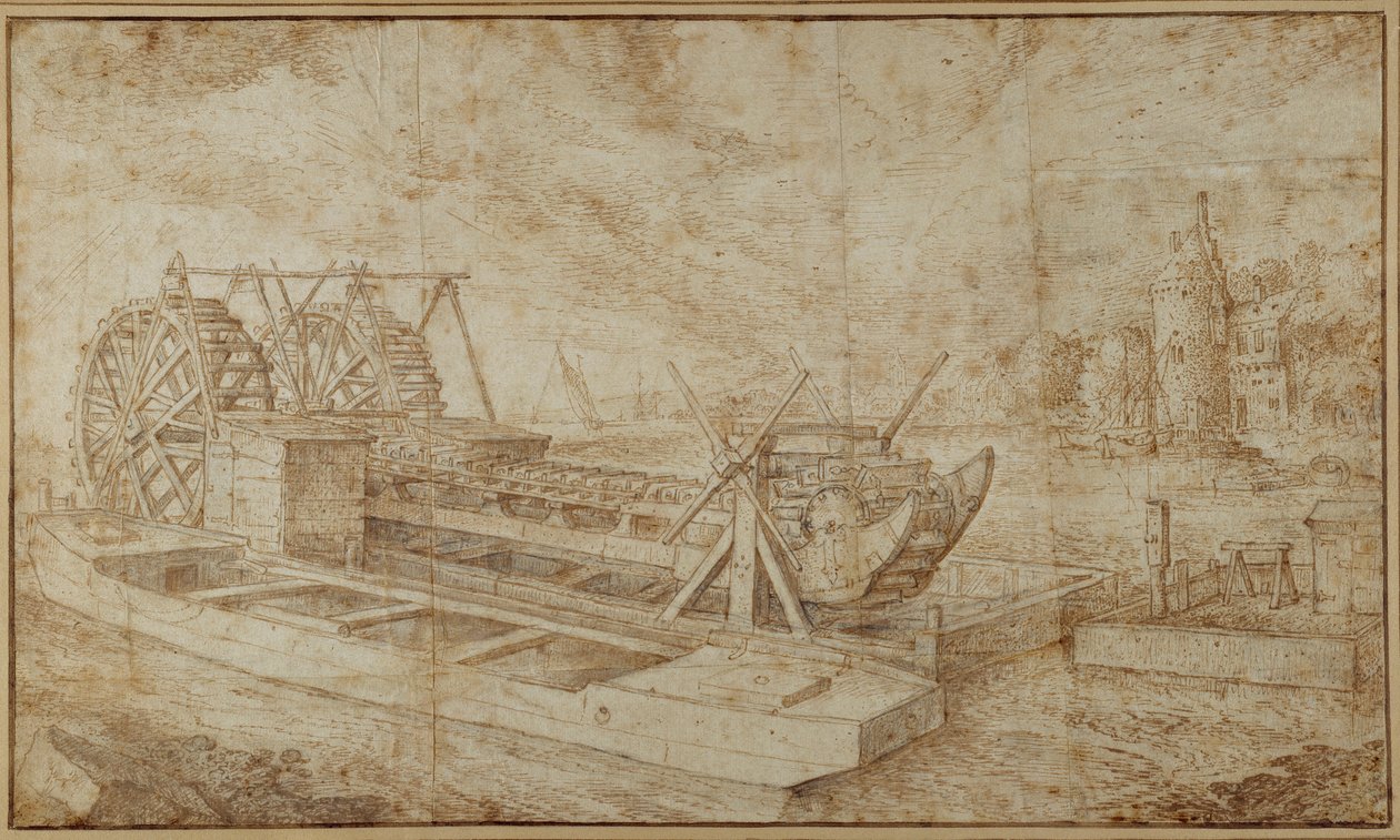 Pogłębiarka na kanale (pióro i atrament na papierze) autorstwa Roelandt Jacobsz. Savery