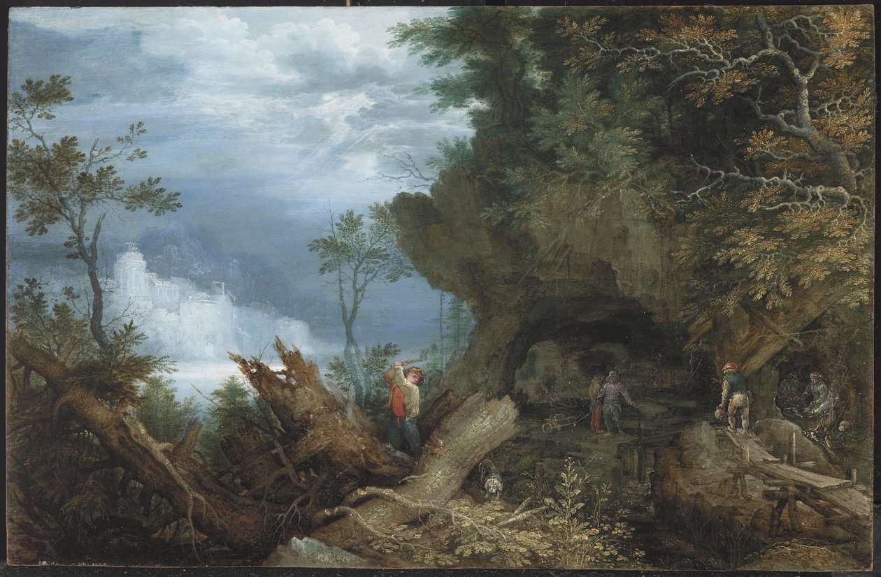 Pejzaż górski z wejściem do kopalni, ok. 1612-13 (olej na buku) autorstwa Roelandt Jacobsz. Savery