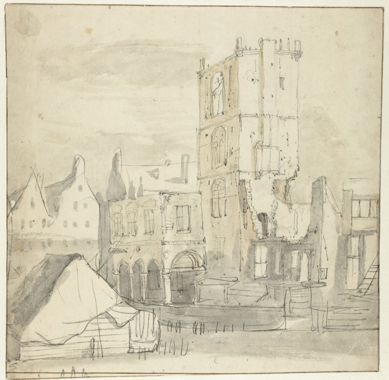 Ruiny Ratusza Staromiejskiego w Amsterdamie po pożarze w 1652 r. autorstwa Roelant Roghman (attributed to)