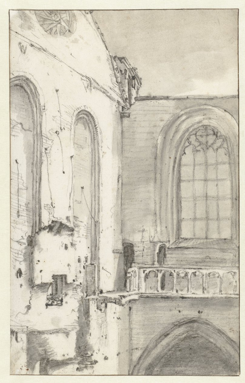 Widok transeptu Nieuwe Kerk, Amsterdam, po pożarze 1645 autorstwa Roelant Roghman (attributed to)