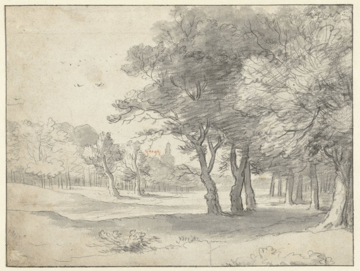 Widok na Haagse Bos, z Grote Kerk, Haga, w oddali autorstwa Roelant Roghman
