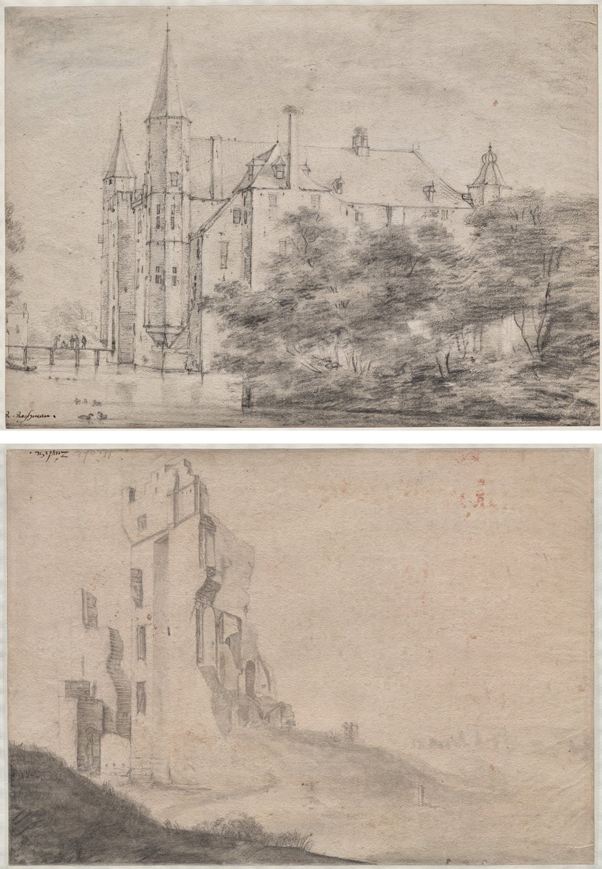 Zamek Zuylen w pobliżu Utrechtu (recto)/Ruina domu Ter Kleef niedaleko Haarlem (verso) autorstwa Roelant Roghman
