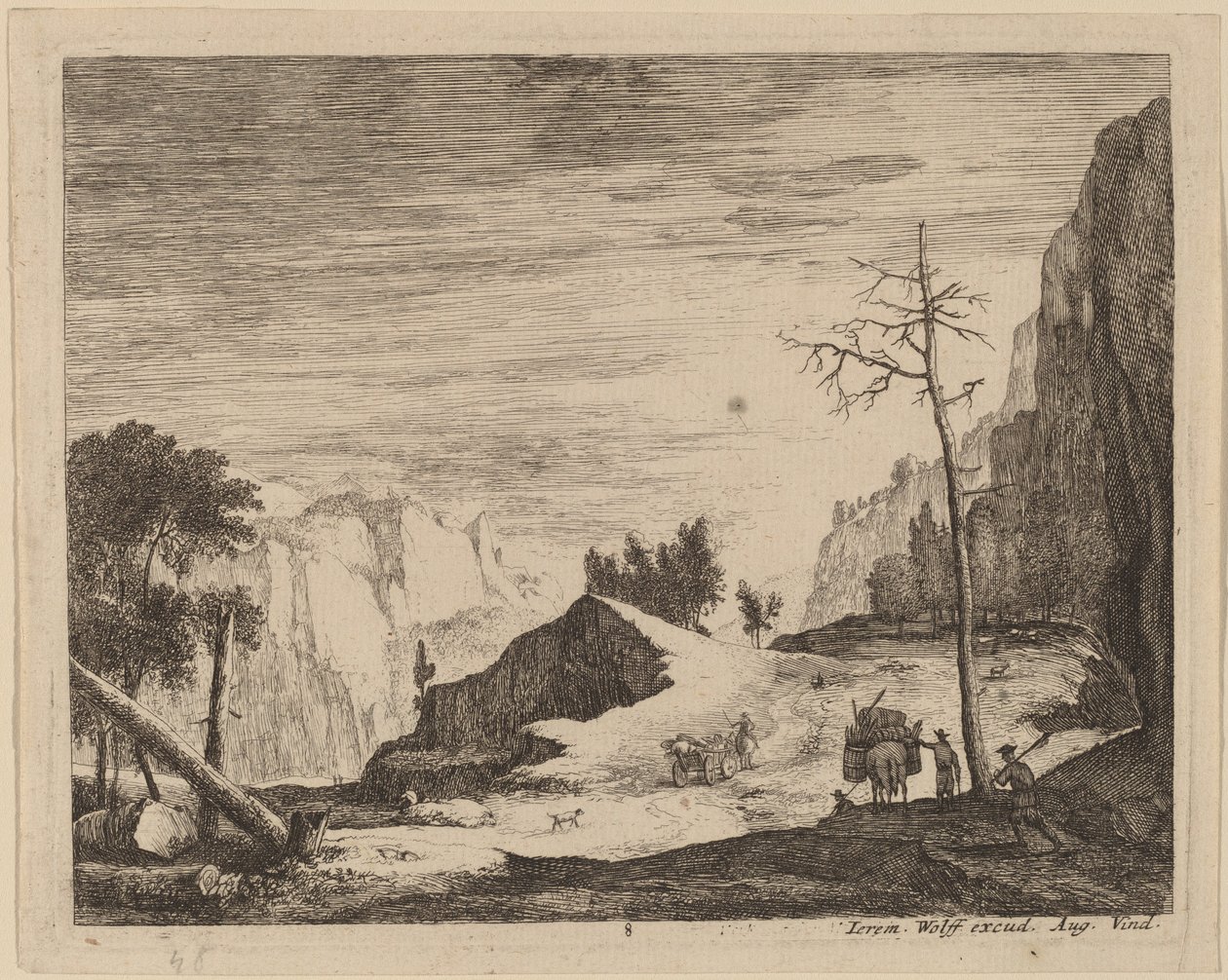 Górski krajobraz z wózkiem: pl.8 autorstwa Roelant Roghman and Melchior Küsel