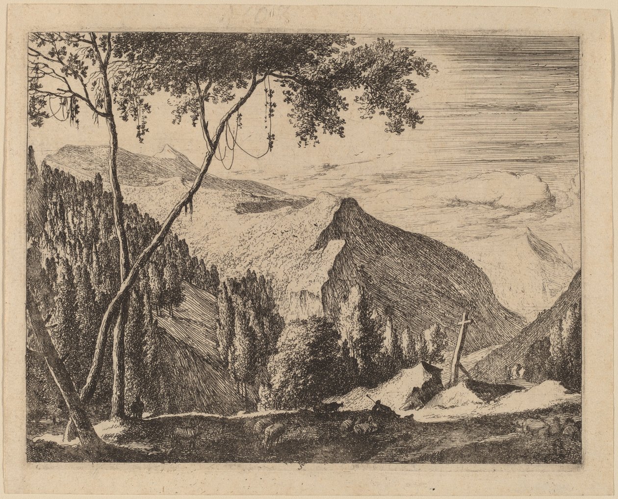 Skalisty krajobraz z krzyżem: pl.5 autorstwa Roelant Roghman and Melchior Küsel