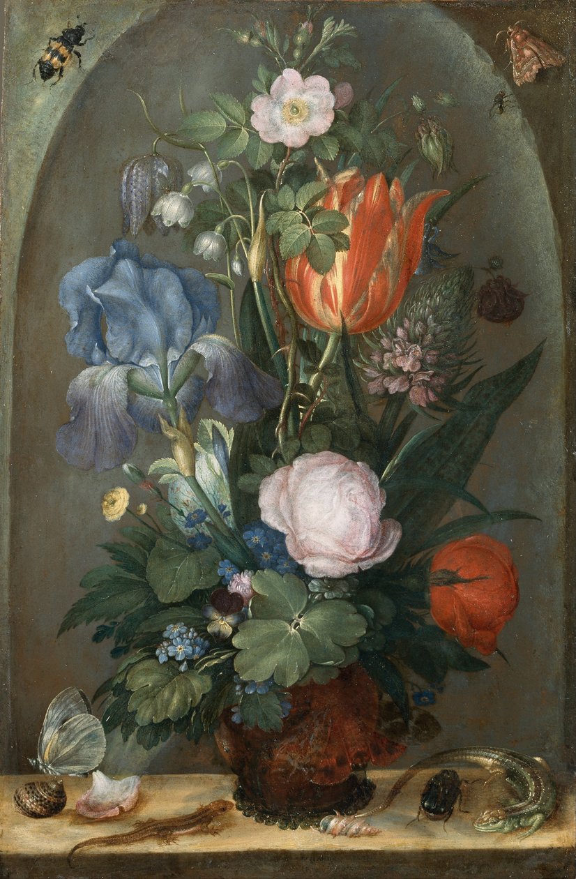 Martwa kwiat z dwoma jaszczurkami, 1603 autorstwa Roelant Savery