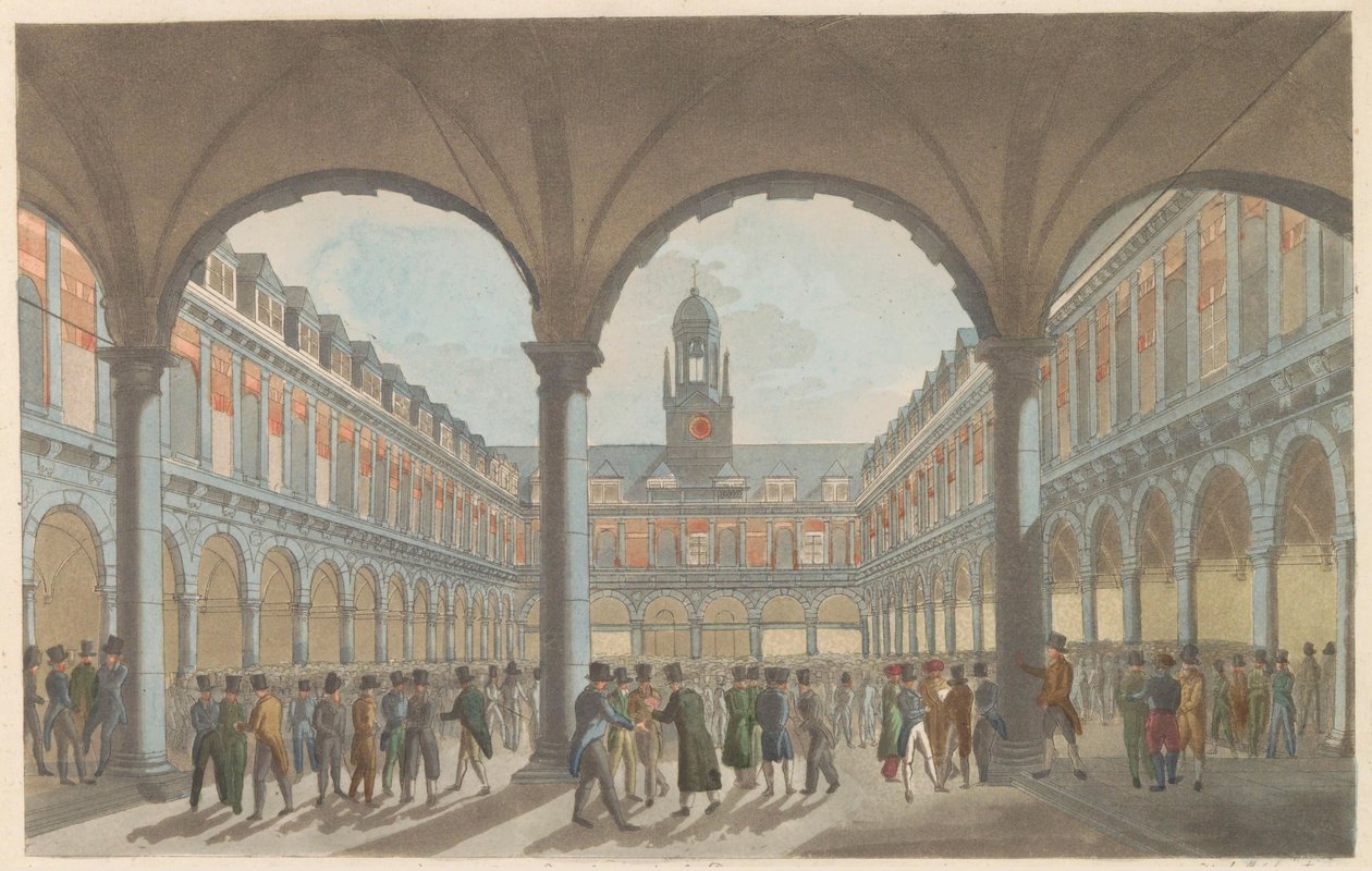 Giełda w Amsterdamie, ok. 1825 Beurowie w Amsterdamie / La Bourse à Amsterdam (tytuł na obiekcie) autorstwa Roelof van der Meulen