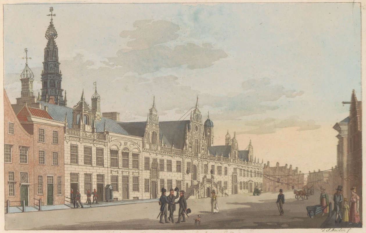 Breestraat w Lejdzie, ok. 1825 Widok na Breestraat i ratusz w Leyden / Vue Sur la rue dite Breestraat et l