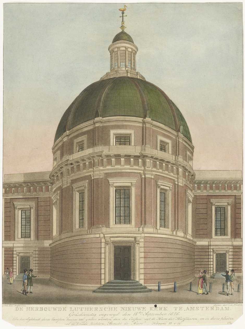 Odbudowany Nowy Kościół Luterański w Amsterdamie Przebudowany Lutersche Nieuwe Kerk w Amsterdamie (tytuł na obiekcie) autorstwa Roelof van der Meulen