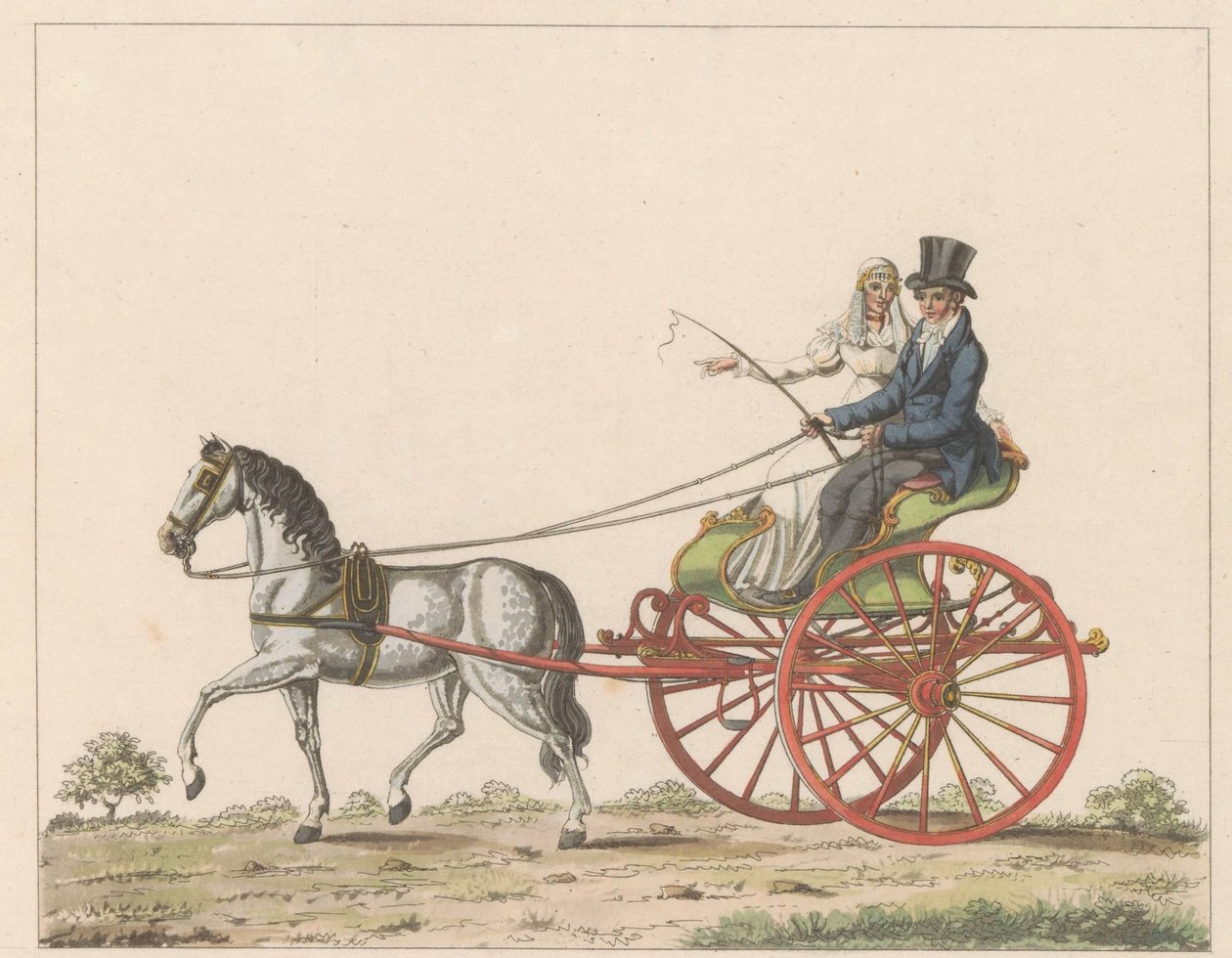 Holenderski sjees, ca. 1825 Een Hollandsche chais / Wózek inwalidzki używany w Holandii i znany jako chais lub chees (tytuł na obiekcie) autorstwa Roelof van der Meulen