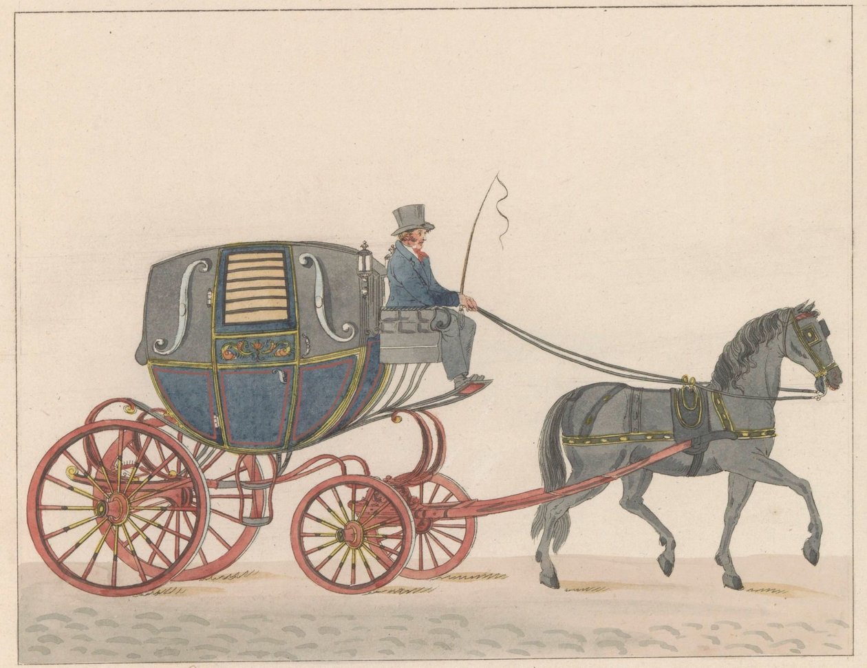 Powóz konny w Amsterdamie, ok. 1825 An Amsterdamsche Huurkoetsje or Moped / Un Fiacre de Louage en usage à Amsterdam A ij connu sous la nom de Brommertje (tytuł na przedmiocie) autorstwa Roelof van der Meulen