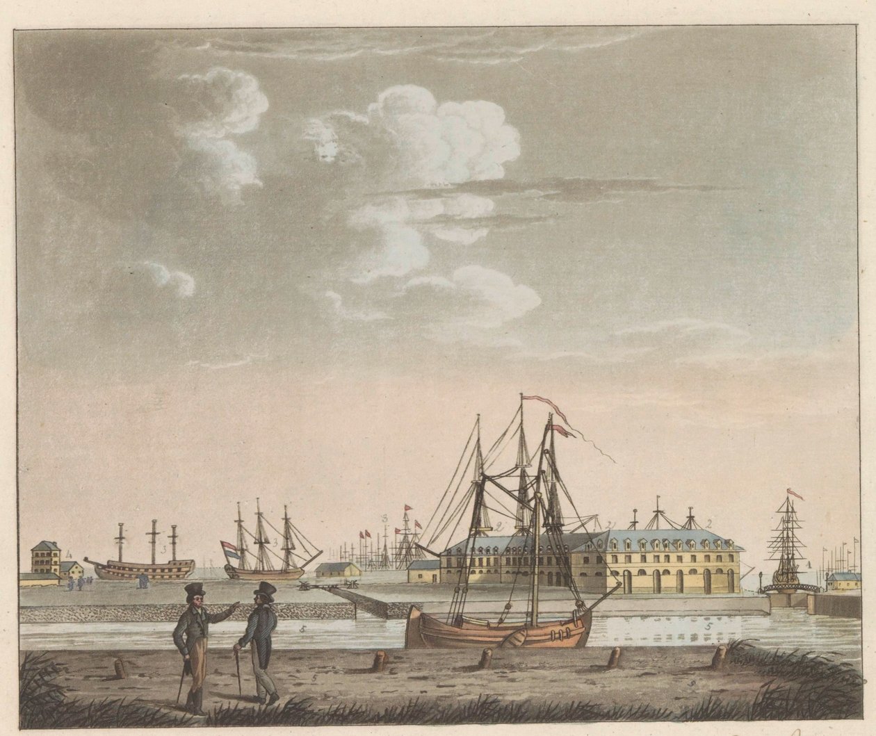 Rijkswerf Willemsoord, ok. 1825 Widok na Willemsoord na czystym - na Nieuwendiep i wejście do dużego Kanału Noord-Hollandsch / Vue de Willemsoord au clear prês du Nieuwendiep, et L