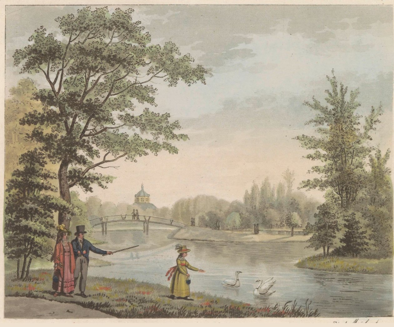 Ogród w Huis ten Bosch, ok. 1825 Widok na most szwajcarski i Vijver, w pobliżu domu w Bosch in s