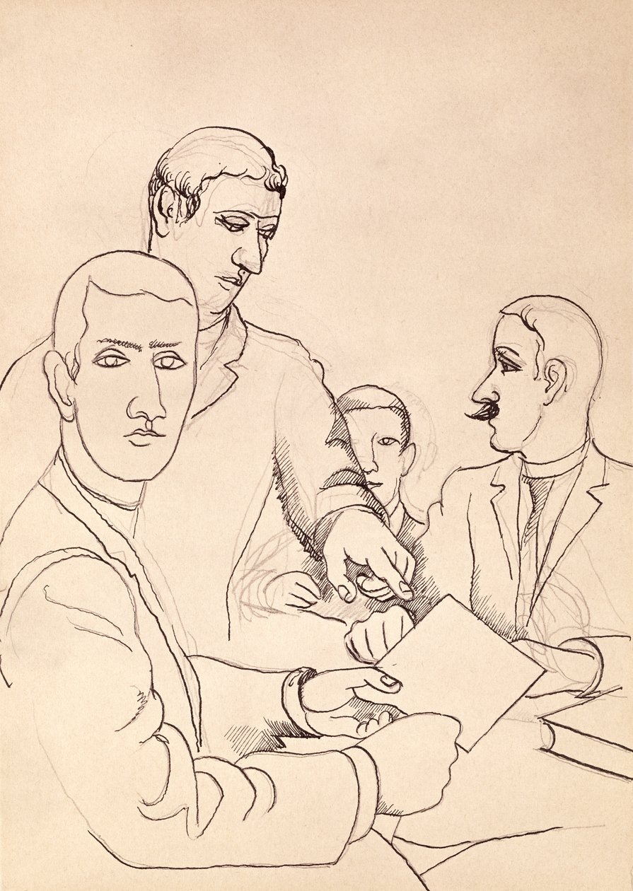 Przyjaciele, Rysunek (pióro, tusz i pastel na papierze) autorstwa Roger de La Fresnaye