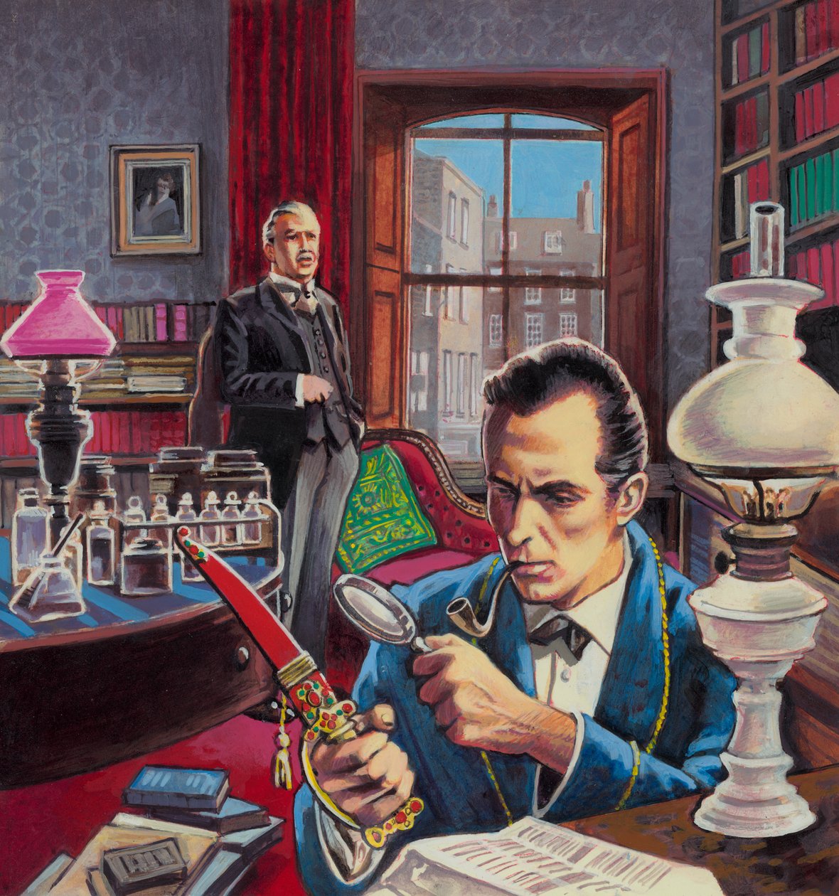 Sherlock Holmes w swoim gabinecie (gwasz na papierze) autorstwa Roger (after) Payne
