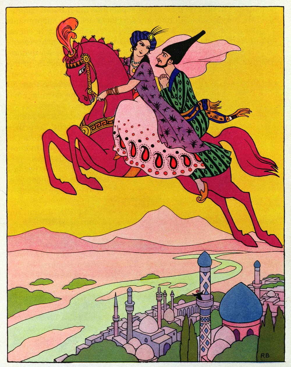 Koń unoszący ich w powietrze, ilustracja do "Czarodziejskiego konia" z "Nocy arabskich autorstwa Roger Broders